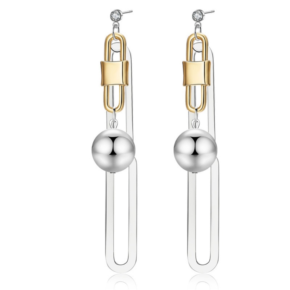 NEW Two Tone Link Lock Ball Crystal Drop Earrings - Picture 1 of 4